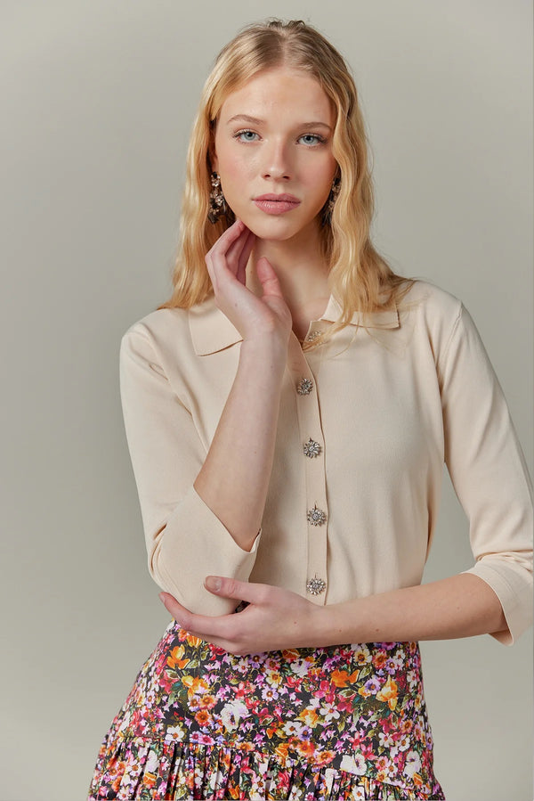 Knit Blouse Buttons Vanilla